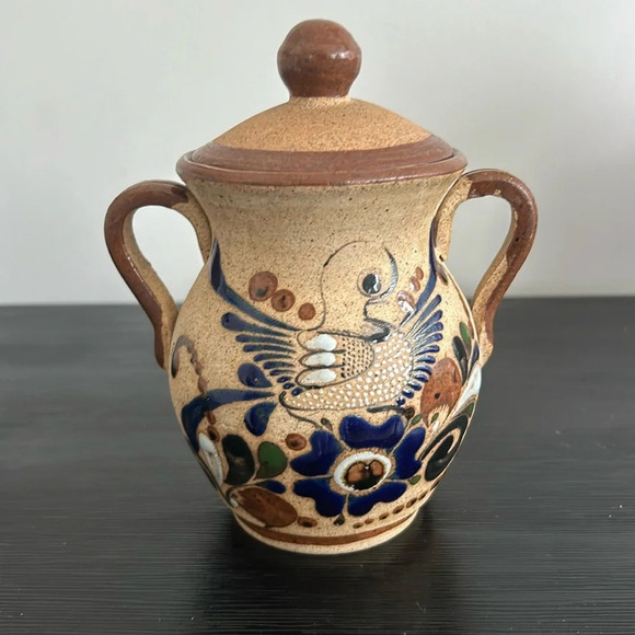 Tonala Mexican  Pottery Folk Art With Lid Double Handle Floral Bird Design - Picture 3 of 14